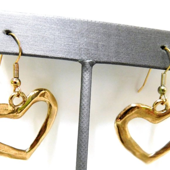 Goldtone Heart, Dangle Earrings, Hollow Center, Fishhook Closure - Picture 2 of 6